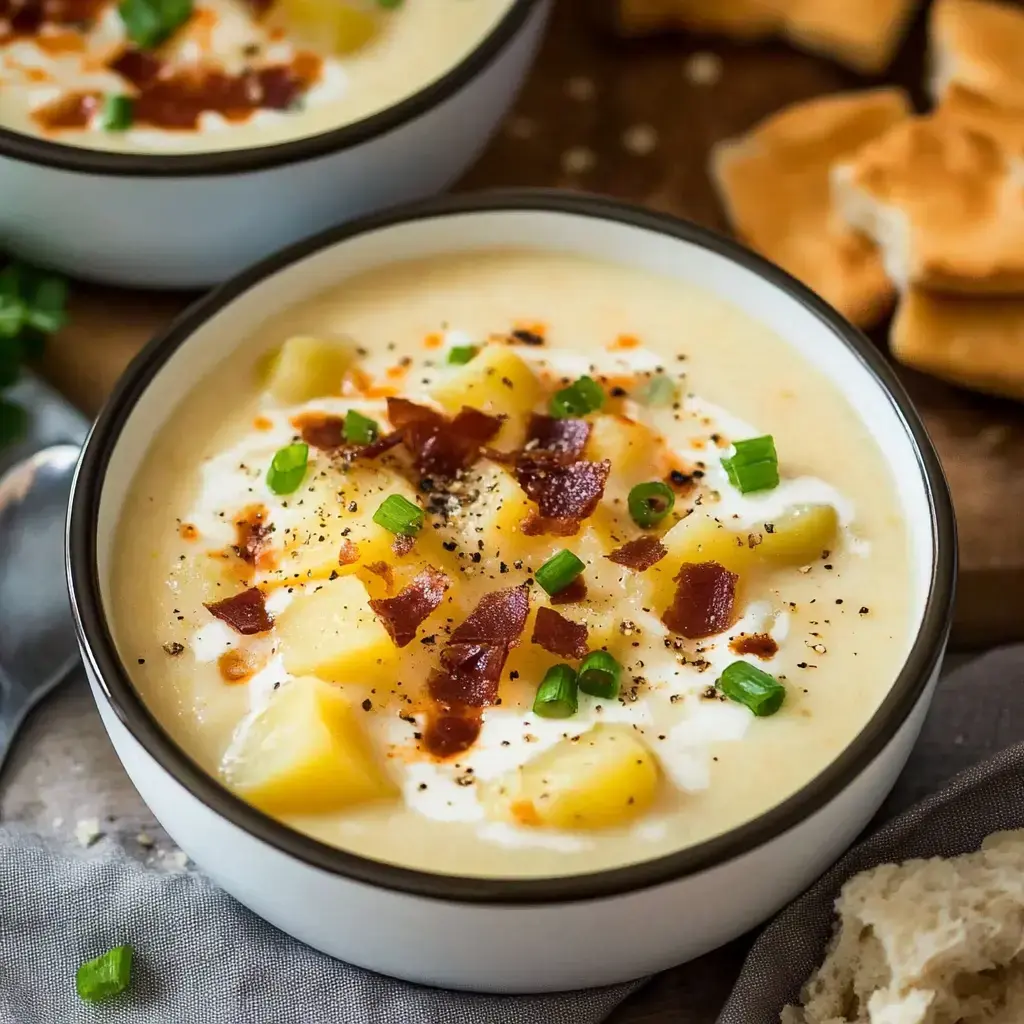 Un cuenco de sopa cremosa de patatas con trozos de tocino, cebollas verdes picadas y trozos visibles de patata, acompañado de pedazos de pan.