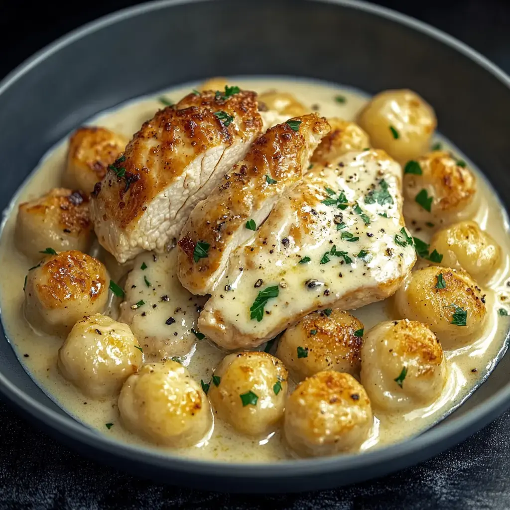 Un plato con rebanadas de pechuga de pollo en una salsa cremosa, acompañado de gnocchi dorados y decorado con perejil fresco.