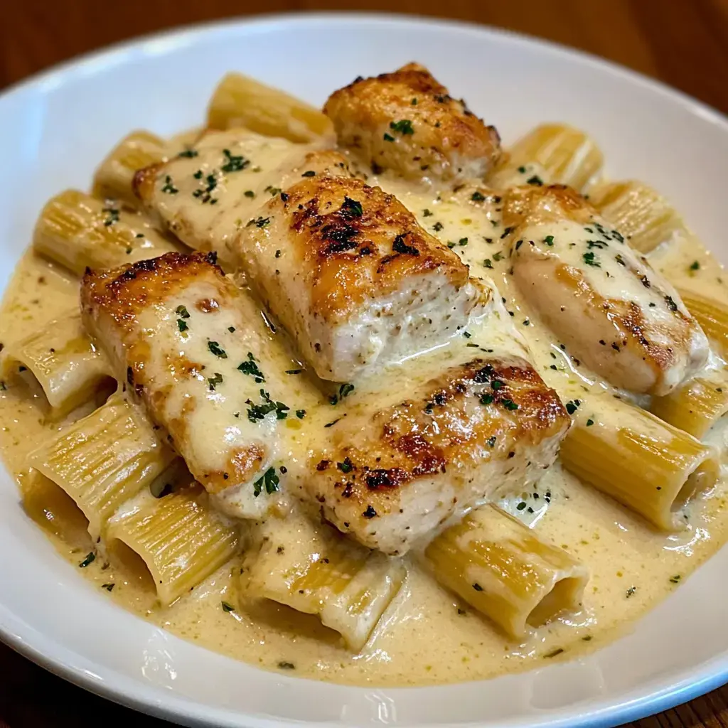 Un plato de rigatoni con trozos de pollo a la parrilla en una salsa cremosa, decorado con perejil.