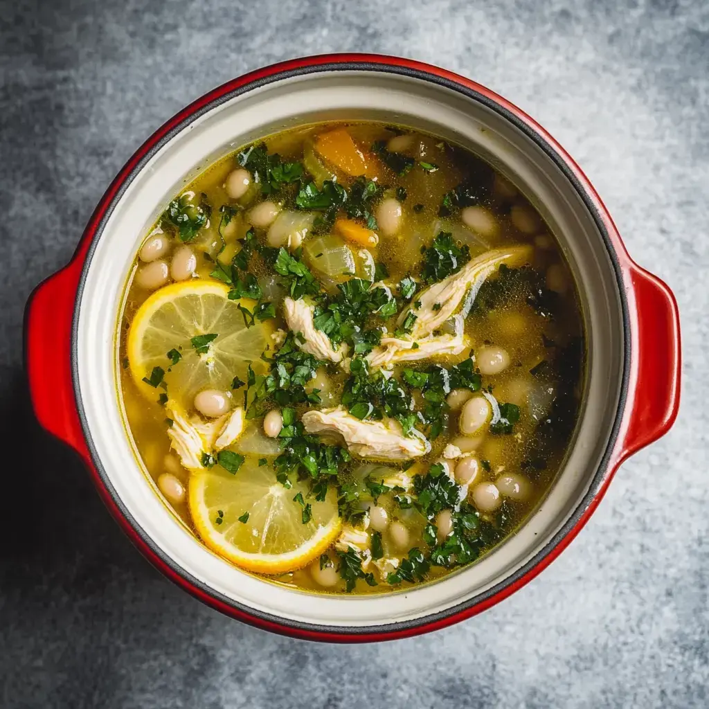 Un bowl vibrante de sopa con pollo desmenuzado, frijoles blancos, rodajas de limón y hierbas frescas.
