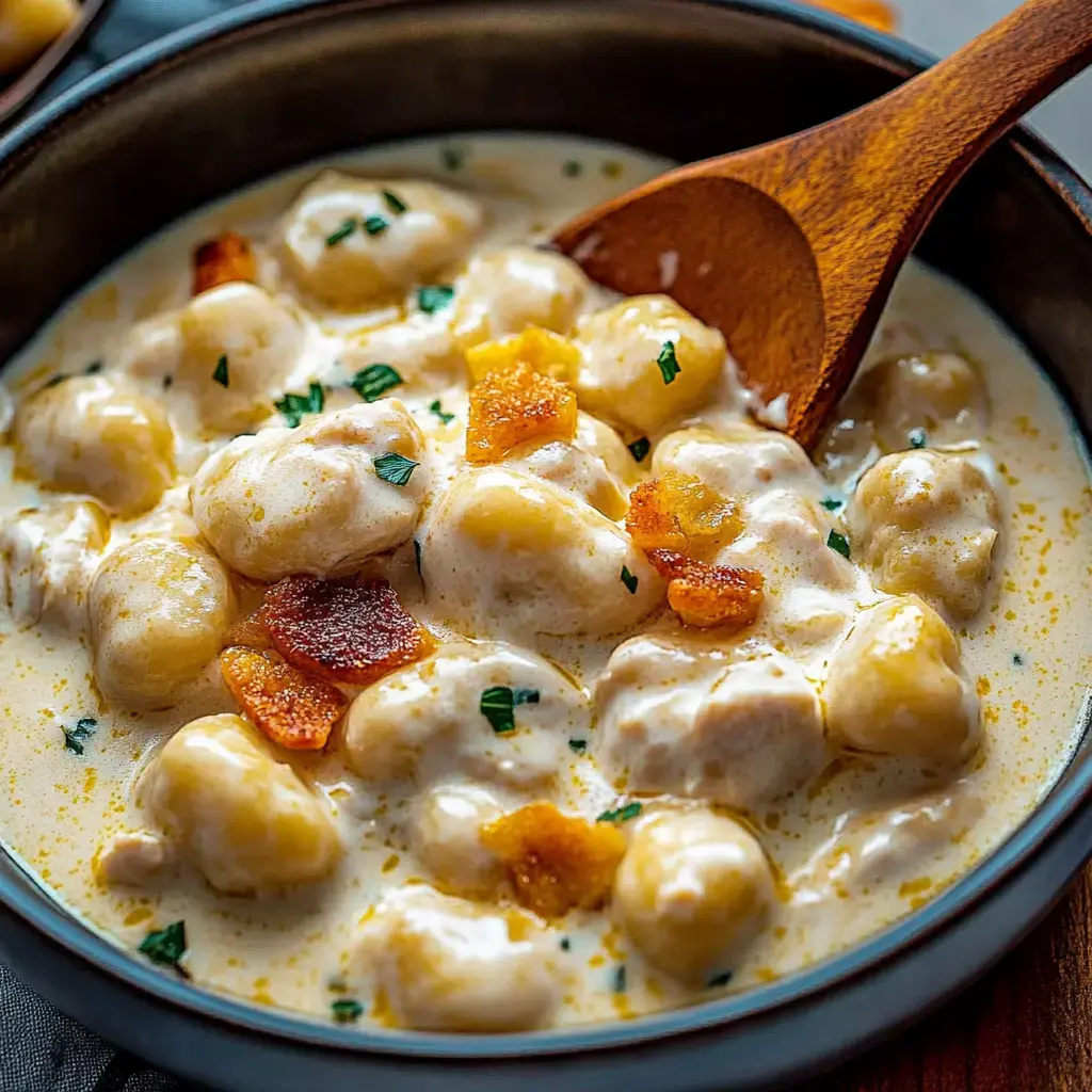 Un primer plano de un plato de gnocchi cremosos con trocitos de bacon crujiente y hierbas como decoración.