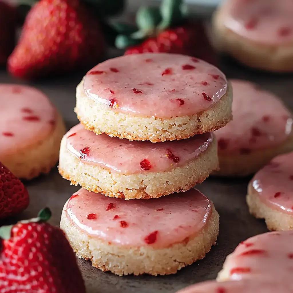 Una pila de galletas redondas glaseadas con sabor a fresa, rodeadas de fresas frescas sobre una superficie oscura.