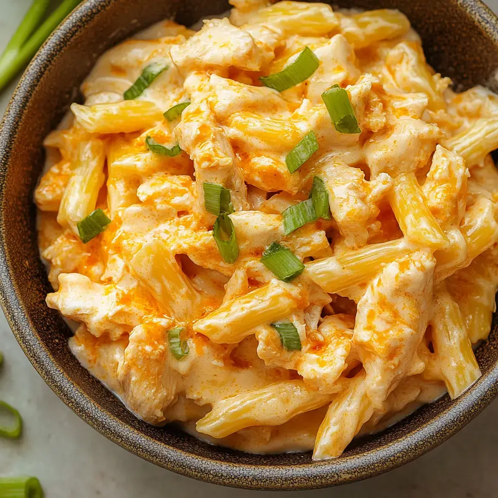 Un plato de pasta cremosa con trozos de pollo y cebollín picado por encima.