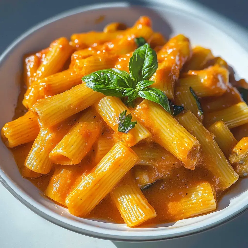 Plato de rigatoni con salsa de tomate cremosa, decorado con hojas de albahaca fresca.