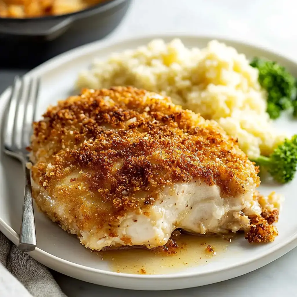 Un plato de pollo al horno con una costra crujiente, servido junto a arroz esponjoso y brócoli al vapor.
