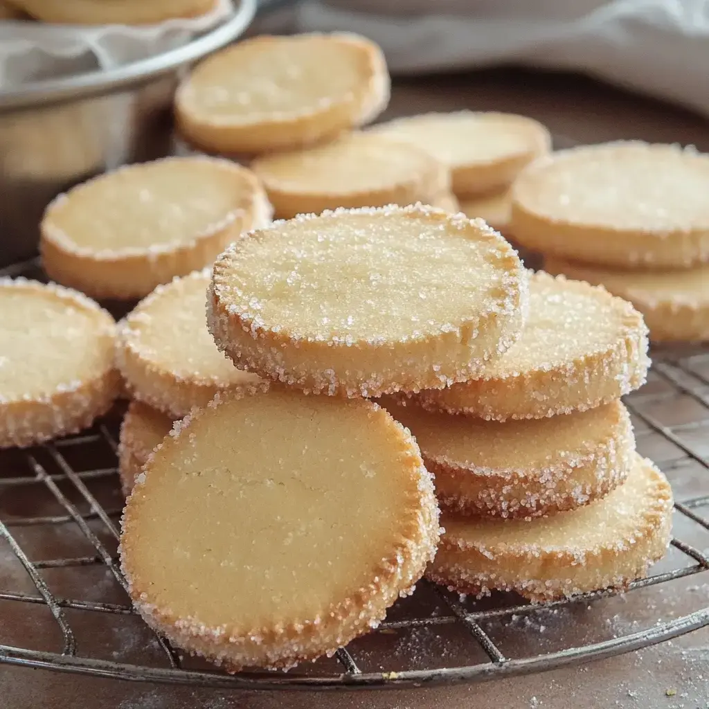 Un primer plano de galletas redondas de color claro sobre una rejilla de enfriado, algunas espolvoreadas con azúcar.
