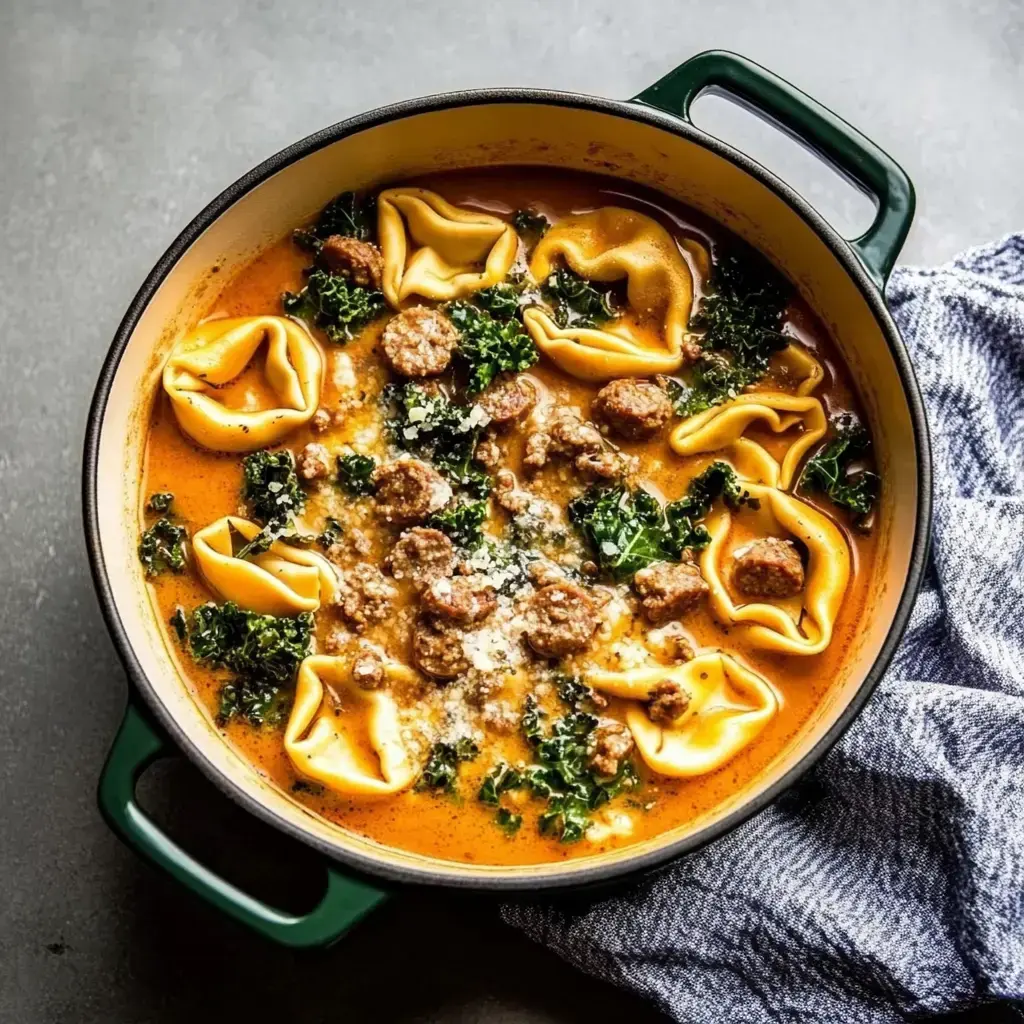 Una olla de sopa cremosa con tortellini, salchicha, col rizada y queso rallado, junto a un paño azul y blanco.