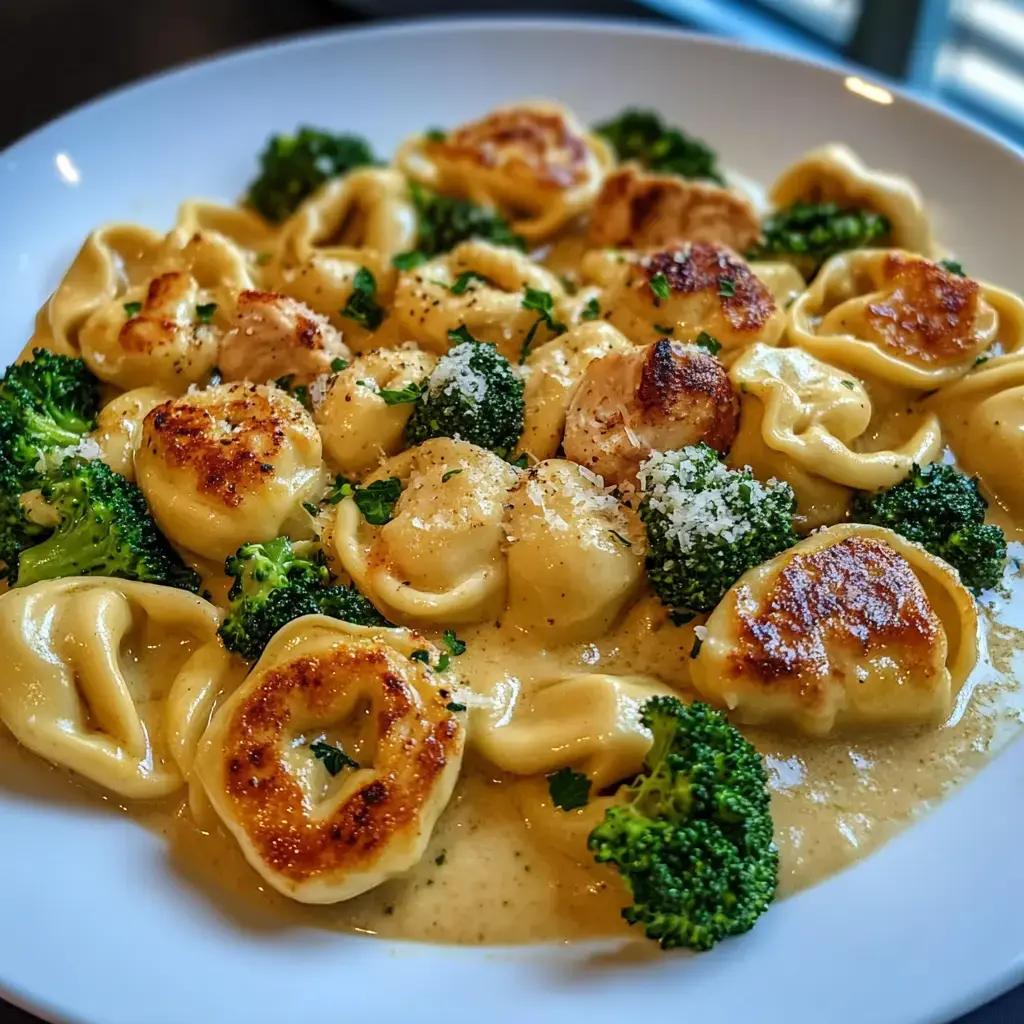 Un plato blanco con pasta cremosa, trozos de pollo salteados y ramilletes de brócoli al vapor.
