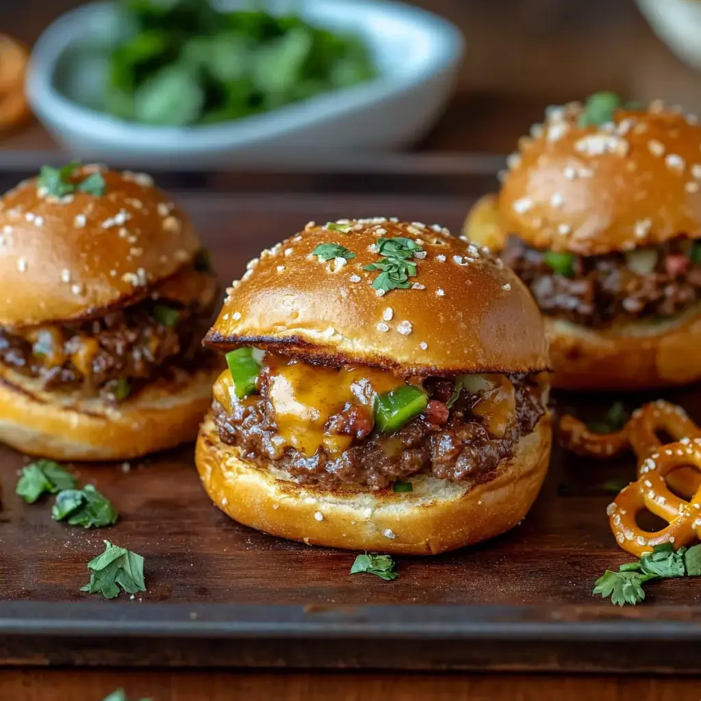Tres hamburguesas pequeñas con queso derretido, pimientos verdes y hierbas, servidas en una bandeja de madera con pretzels al fondo.
