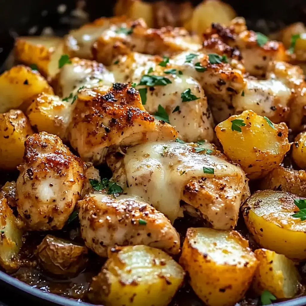 Imagen cerca de piezas de pollo sazonado y papas doradas al horno cubiertas con queso derretido y decoradas con perejil fresco.