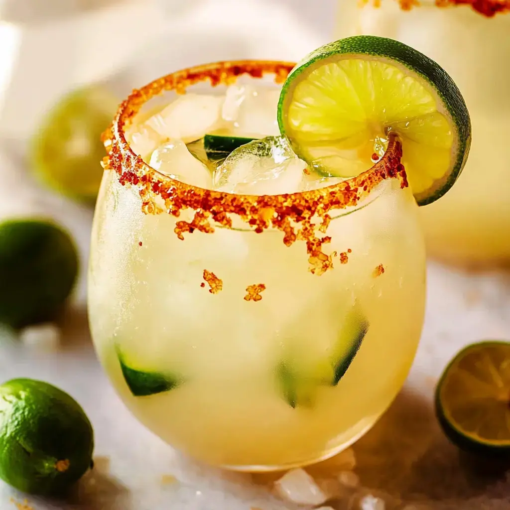 Un primer plano de un coctel fresco adornado con una rodaja de lima y un borde de sal roja, rodeado de mitades de lima y hielo.