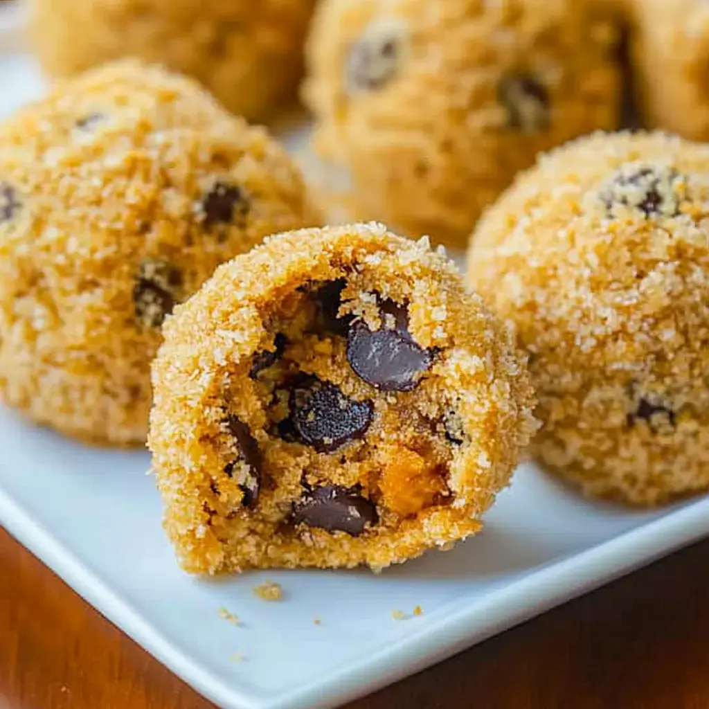 Imagen cercana de un dulce parcialmente mordido, mostrando chispas de chocolate por dentro, con otros bocados similares al fondo.