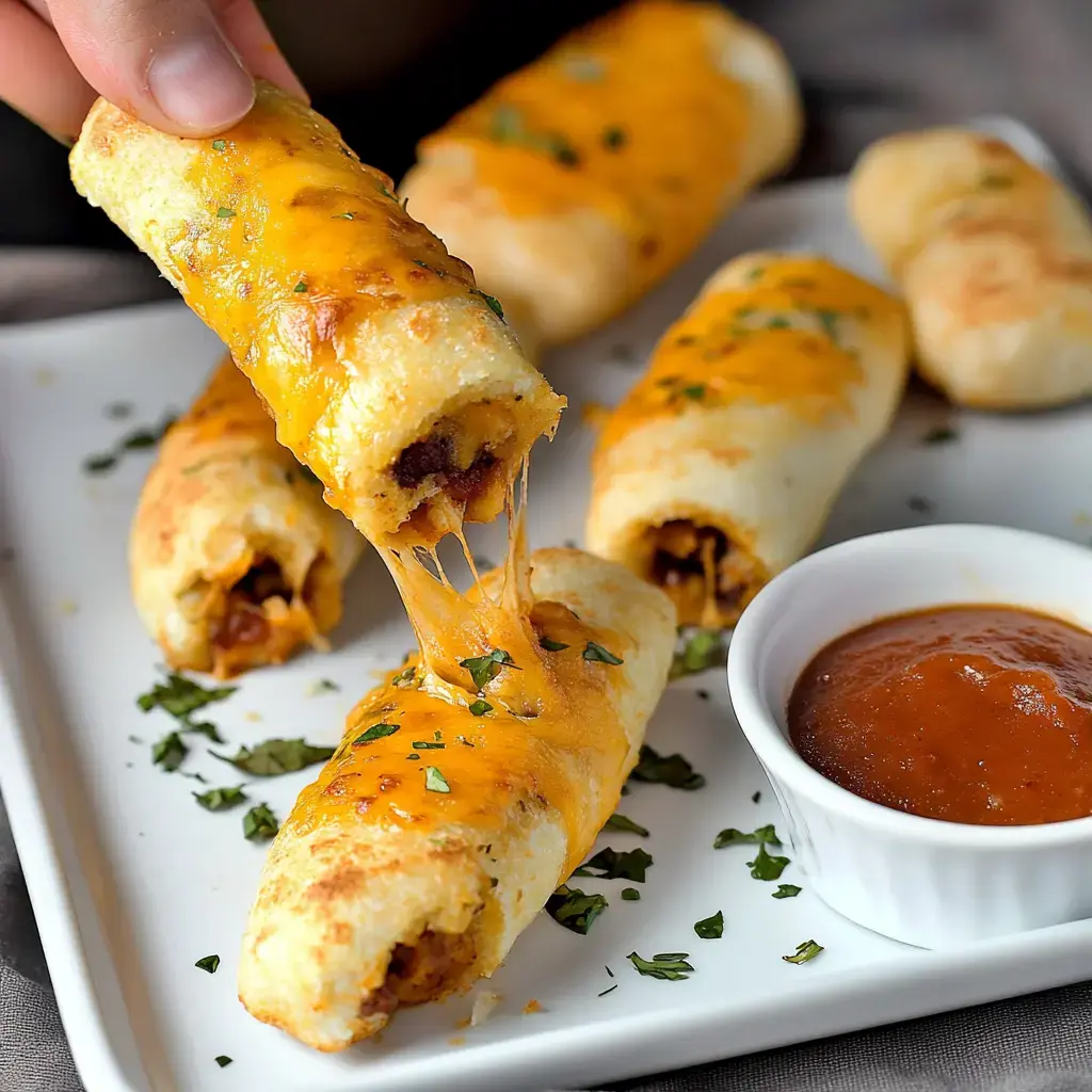 Una mano levanta un palito relleno de queso derretido, con un plato lleno de panecillos similares y un pequeño tazón de salsa.