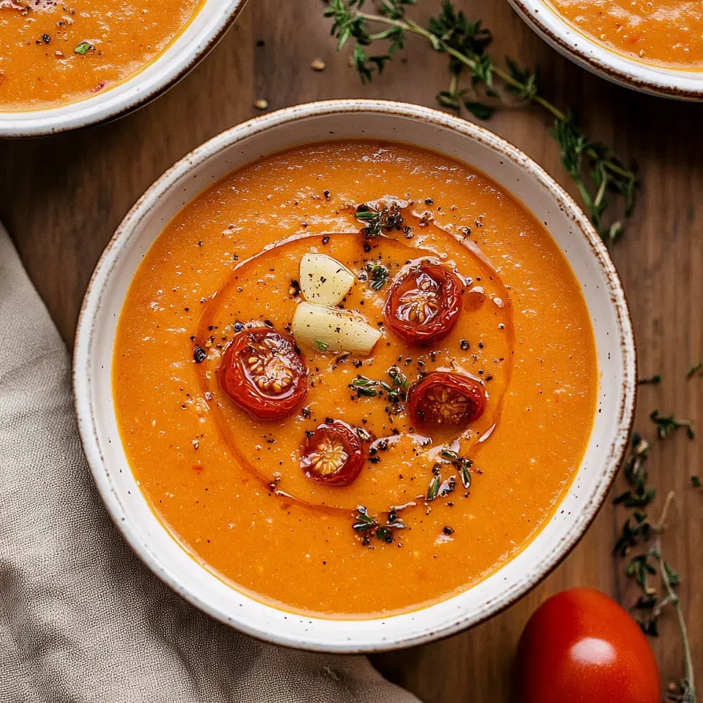 Un tazón de sopa naranja vibrante adornado con tomates cherry asados, ajo y tomillo, junto a una servilleta y un tomate entero.