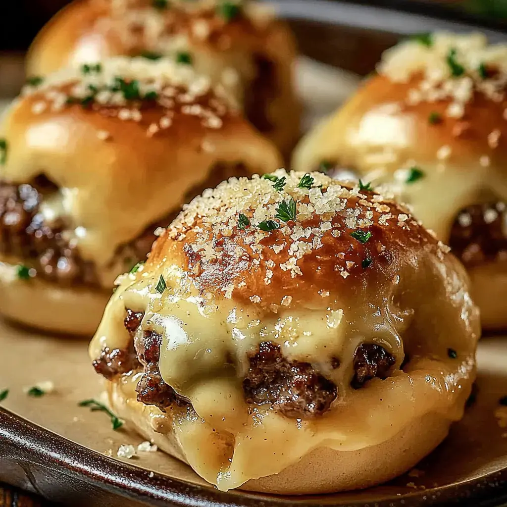 Imagen de cerca de bollos dorados y esponjosos con queso derretido, hierbas y trozos crujientes, rellenos de carne sazonada.
