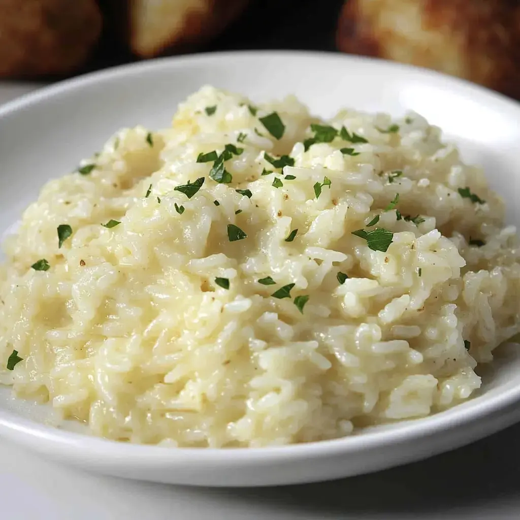 Un plato blanco con arroz cremoso decorado con perejil fresco, servido de cerca.