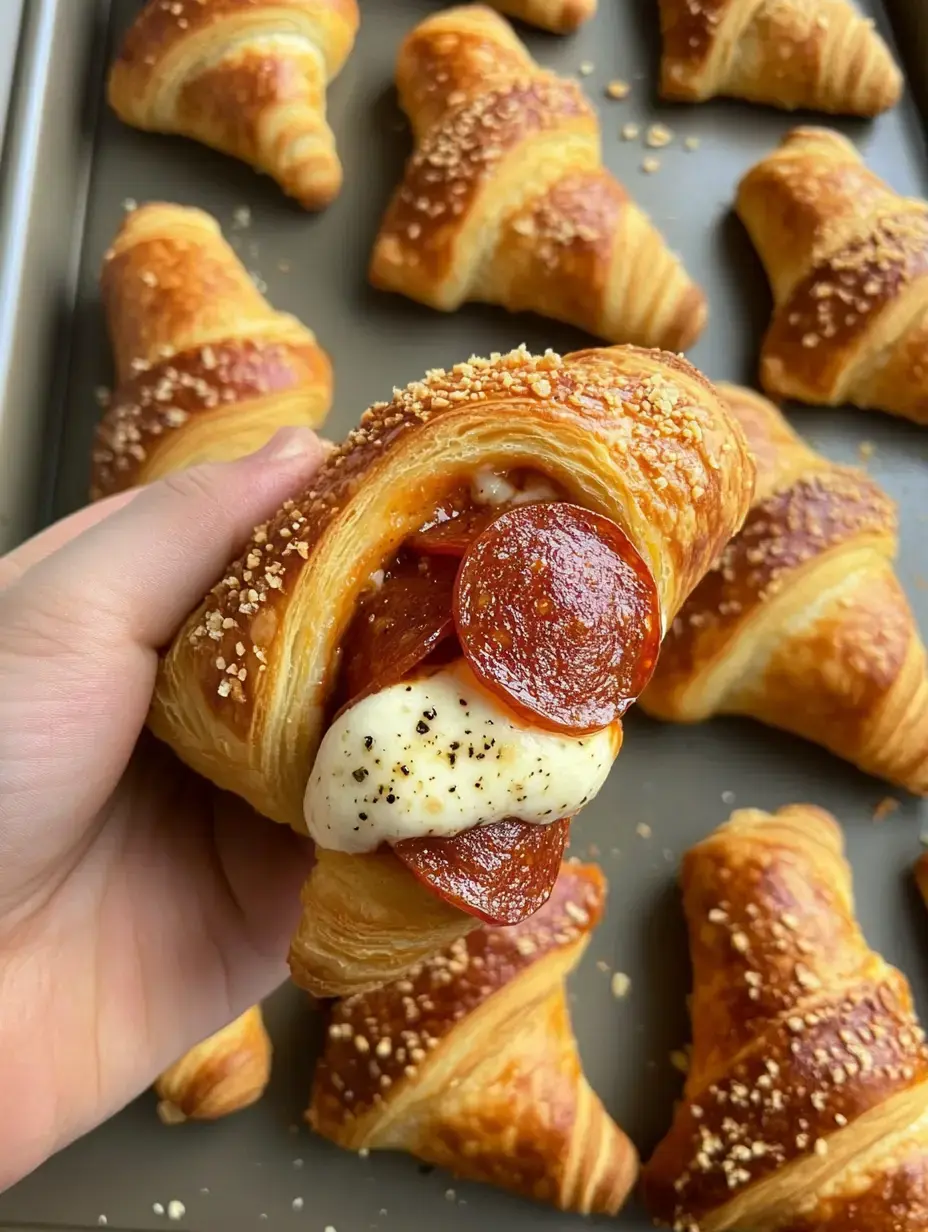 Una mano sostiene un croissant recién horneado relleno de pepperoni y queso, con más croissants visibles en el fondo.