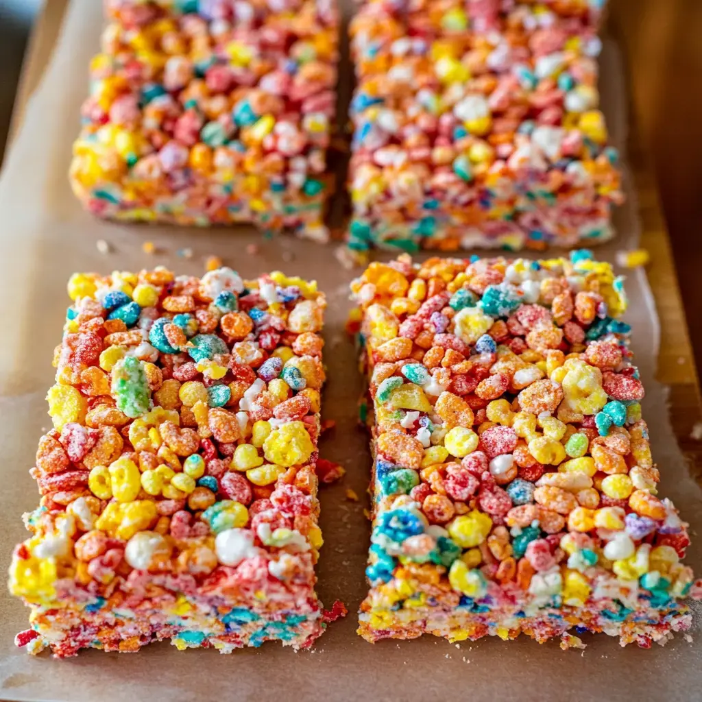 Un acercamiento de barras coloridas de cereal con piezas vibrantes sobre una superficie de madera.