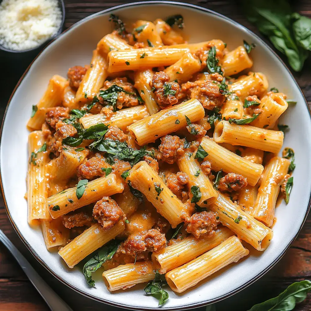 Un plato de rigatoni servido con salchicha y decorado con hierbas frescas en una cremosa salsa.
