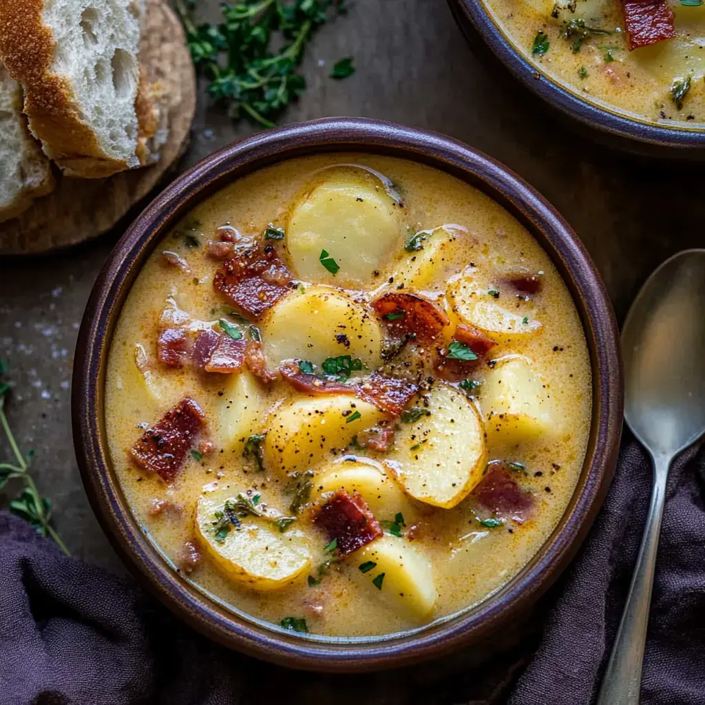 Un plato de sopa cremosa de papas con trozos de tocino, adornada con hierbas, acompañada de una rebanada de pan.
