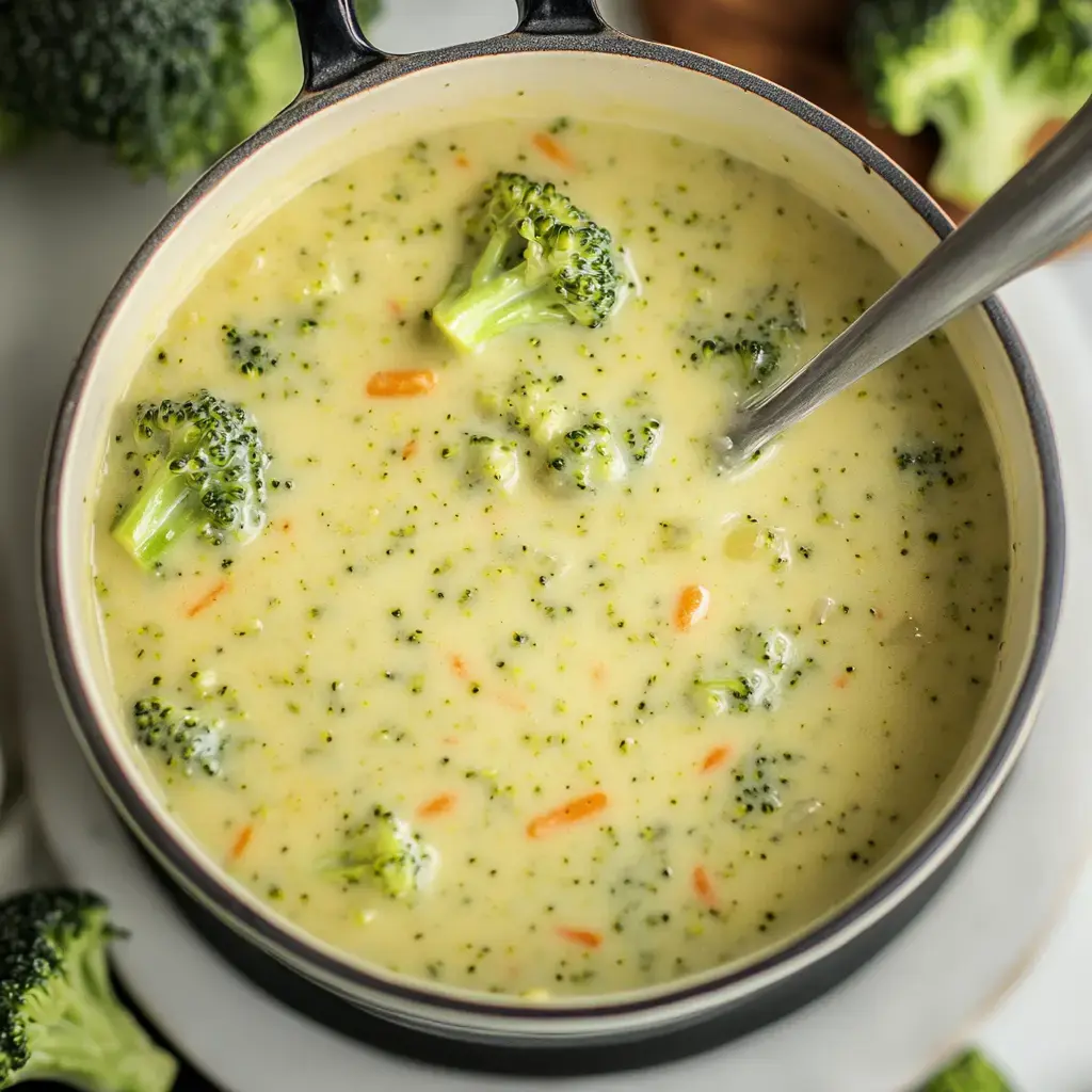 Un tazón de sopa cremosa de brócoli con trozos de brócoli y zanahorias, acompañado de brócoli fresco al fondo.