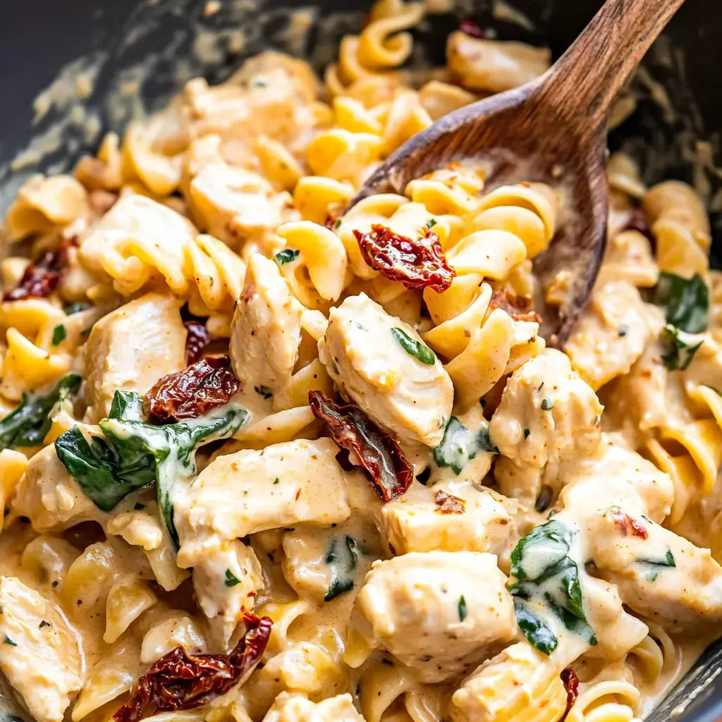 Un plato de pasta cremosa con trozos de pollo, espinacas y tomates secos mezclados con cuchara de madera.