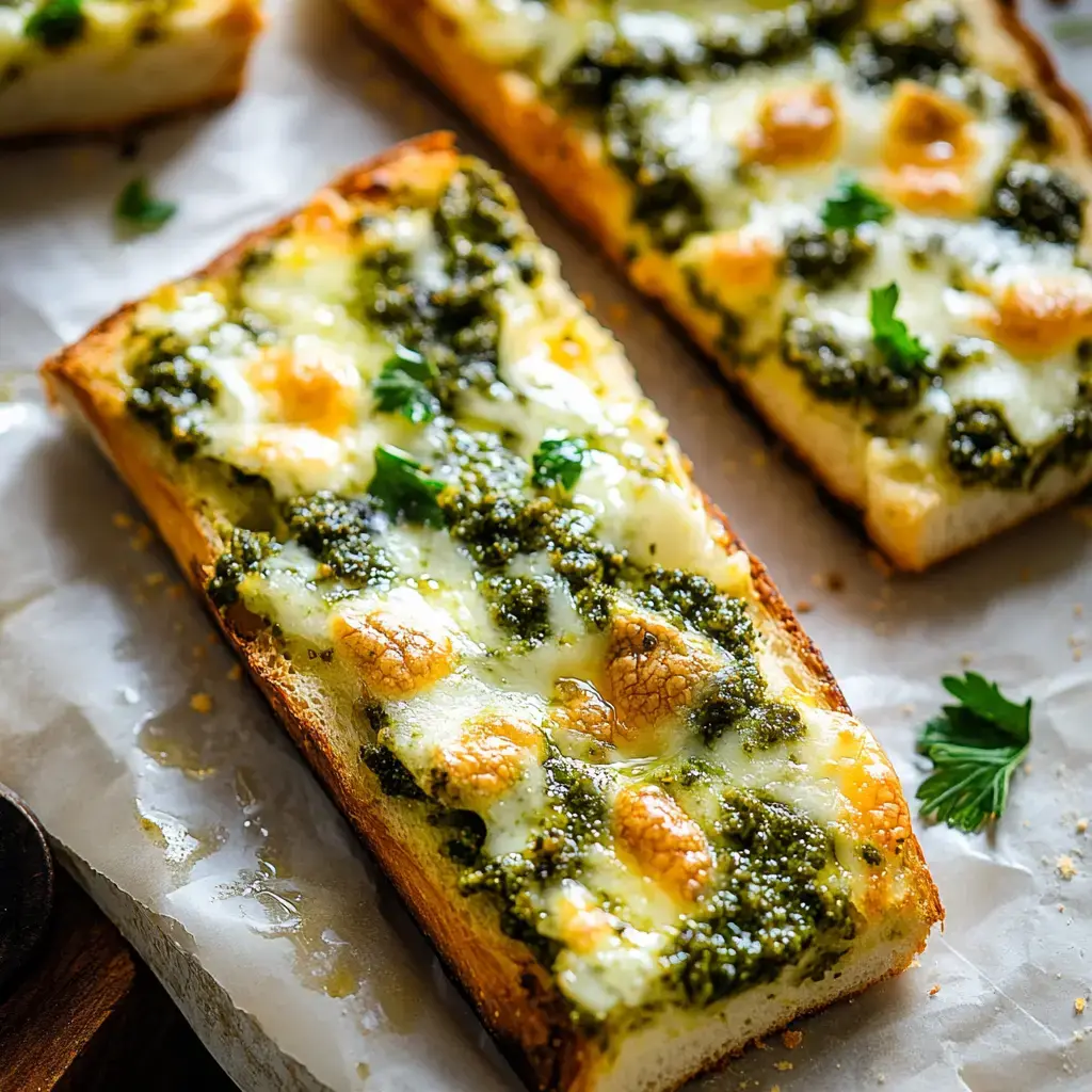 Un acercamiento de rebanadas de pan con pesto y queso decorado con perejil, sobre papel pergamino.