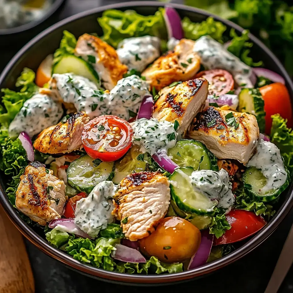 Una ensalada vibrante con pollo a la parrilla, verduras mixtas, tomates cherry, pepinos, cebollas rojas y un aliño cremoso de hierbas.