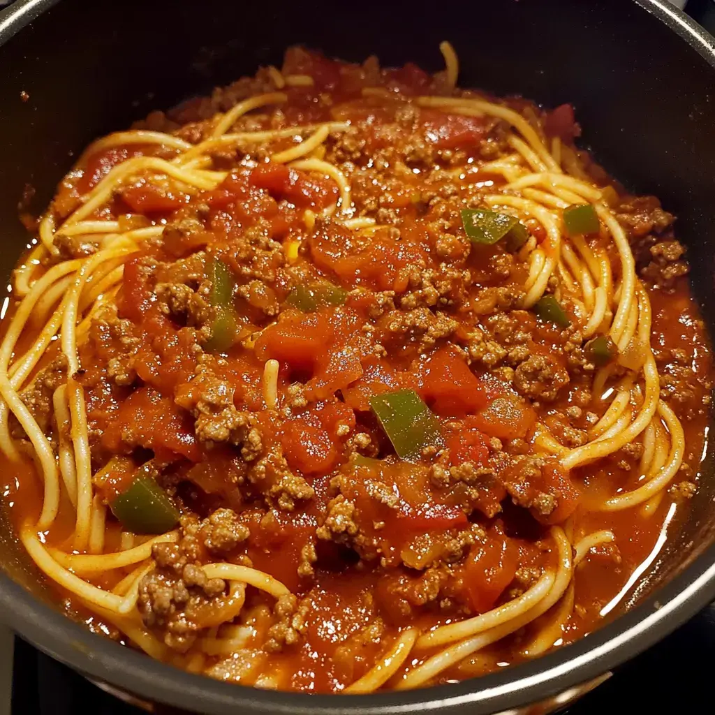 Una olla de espagueti cubierta con carne molida, tomates picados y pimientos verdes en una salsa sabrosa.