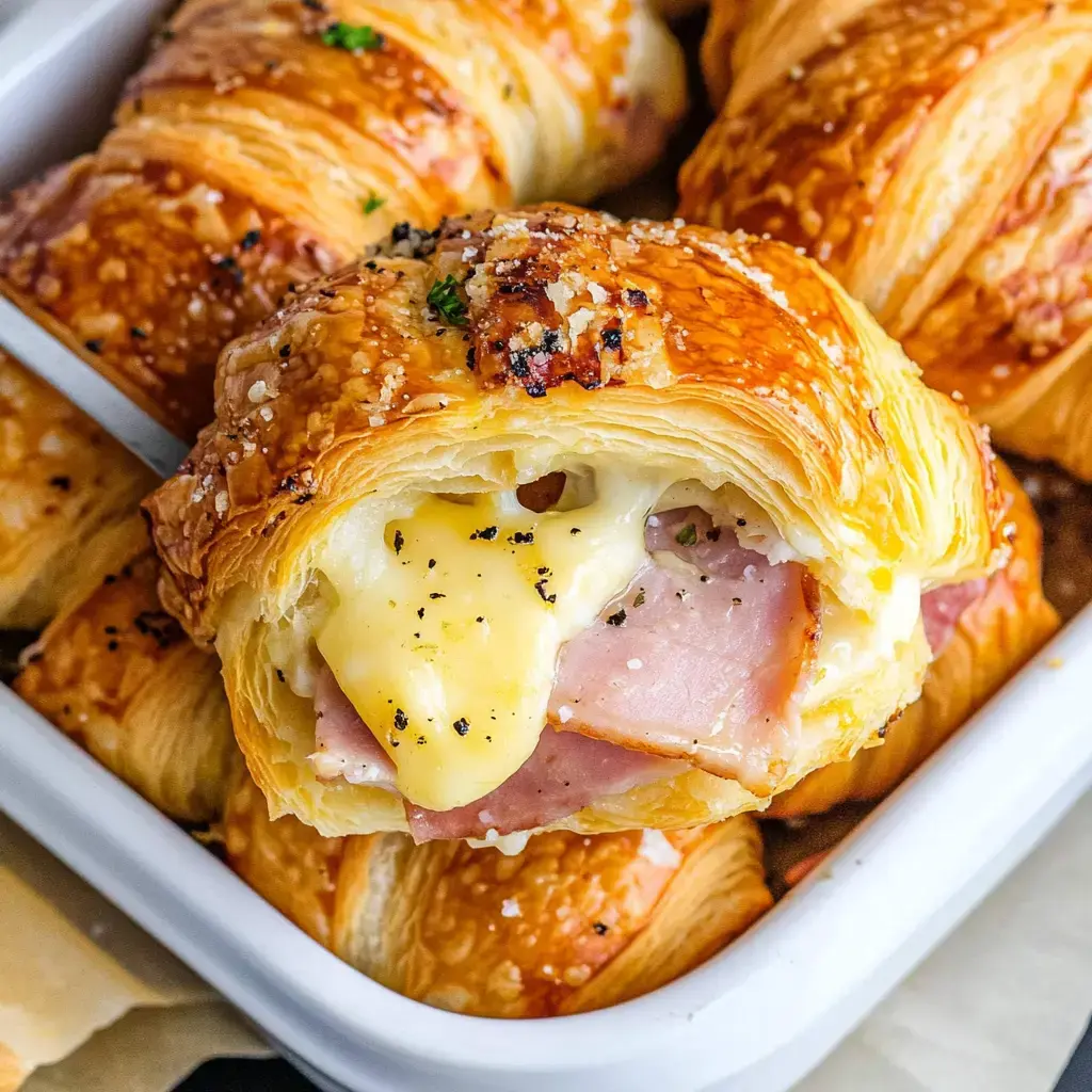Un primer plano de una masa crujiente rellena de queso derretido y jamón, rodeada por más piezas en un plato blanco.
