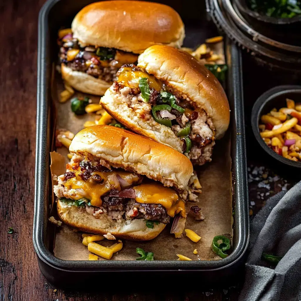 Tres pequeños bocadillos con queso, rellenos y salsas están acomodados en una bandeja, junto a un pequeño recipiente con aderezos.