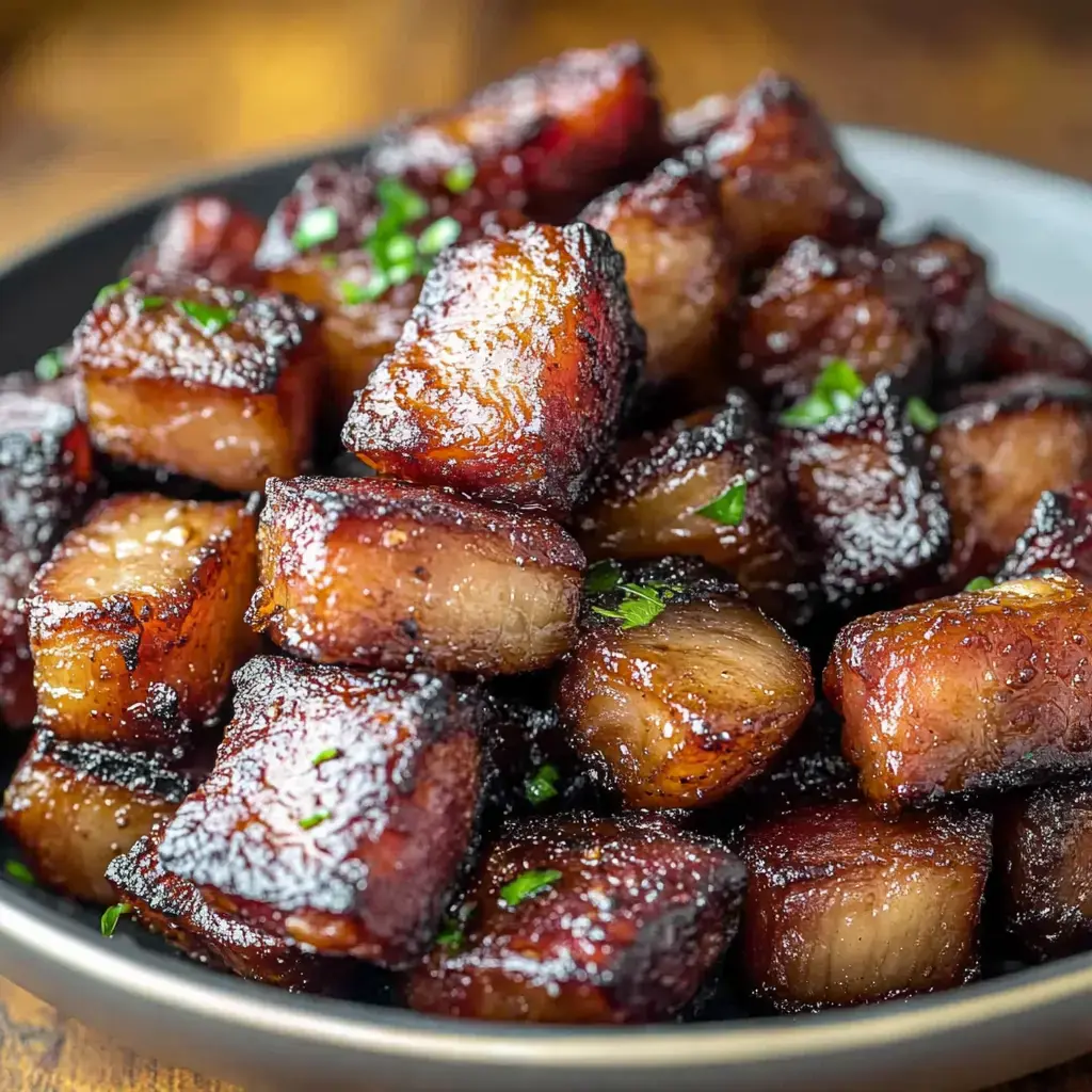 Un primer plano de cubos de panceta caramelizados y decorados con hierbas picadas.
