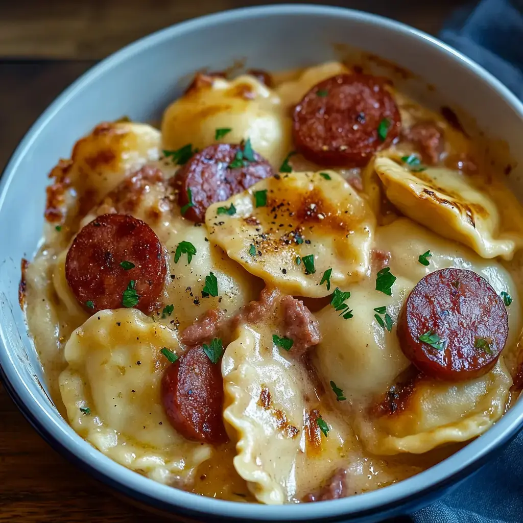 Un plato de pasta cremosa con ravioles y rodajas de salchicha, decorado con perejil.