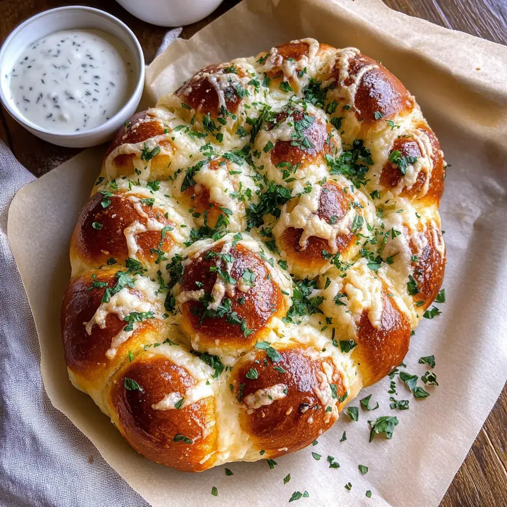Pan de ajo y queso recién horneado, cubierto con hierbas y queso derretido, servido junto a un pequeño cuenco de salsa cremosa.