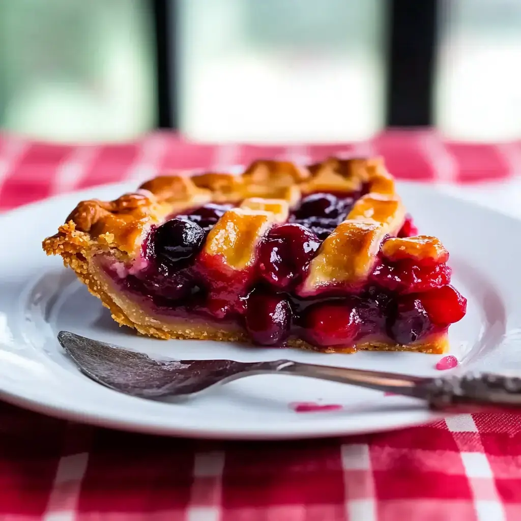 Una porción de tarta de frutas reposa en un plato blanco con un tenedor al lado, sobre un mantel a cuadros rojos y blancos.
