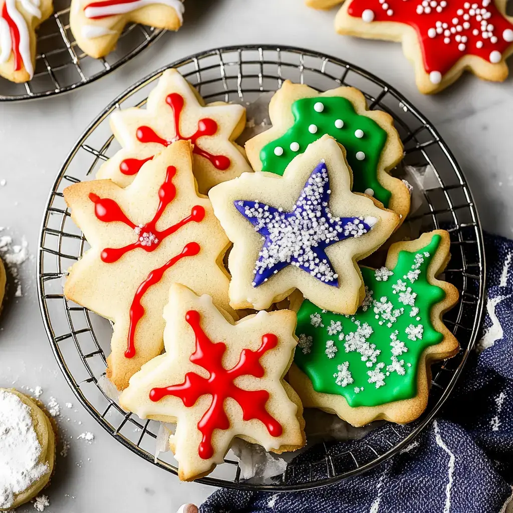 Una variedad festiva de galletas decoradas con forma de estrellas y copos de nieve, con vibrantes colores rojo, azul, verde y blanco, presentadas en una canasta metálica.