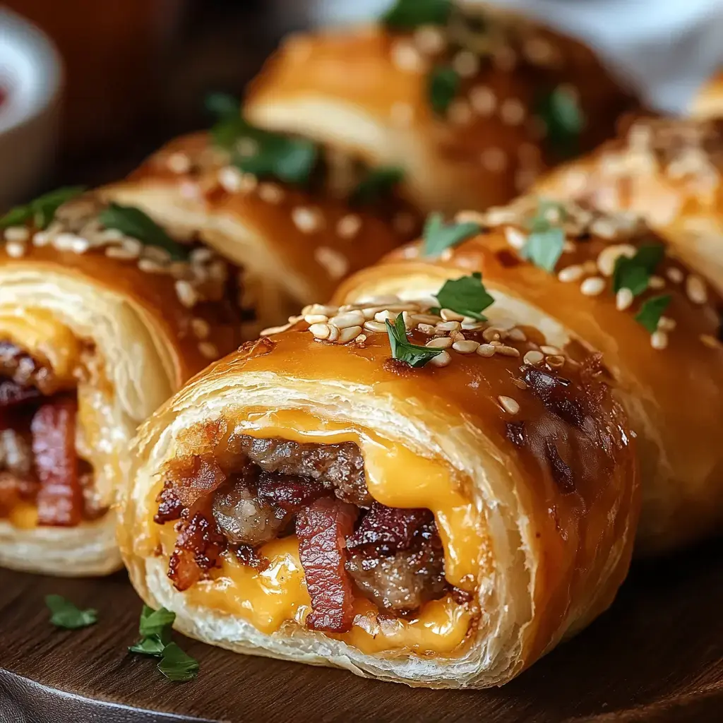 Primer plano de rollitos de hojaldre rellenos de queso, tocino y carne, decorados con semillas de sésamo y hierbas.