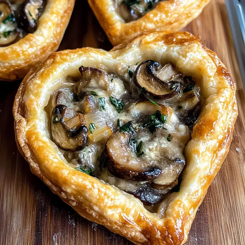Dos tartaletas de hojaldre en forma de corazón rellenas de una mezcla cremosa de setas y hierbas, presentadas sobre una superficie de madera.