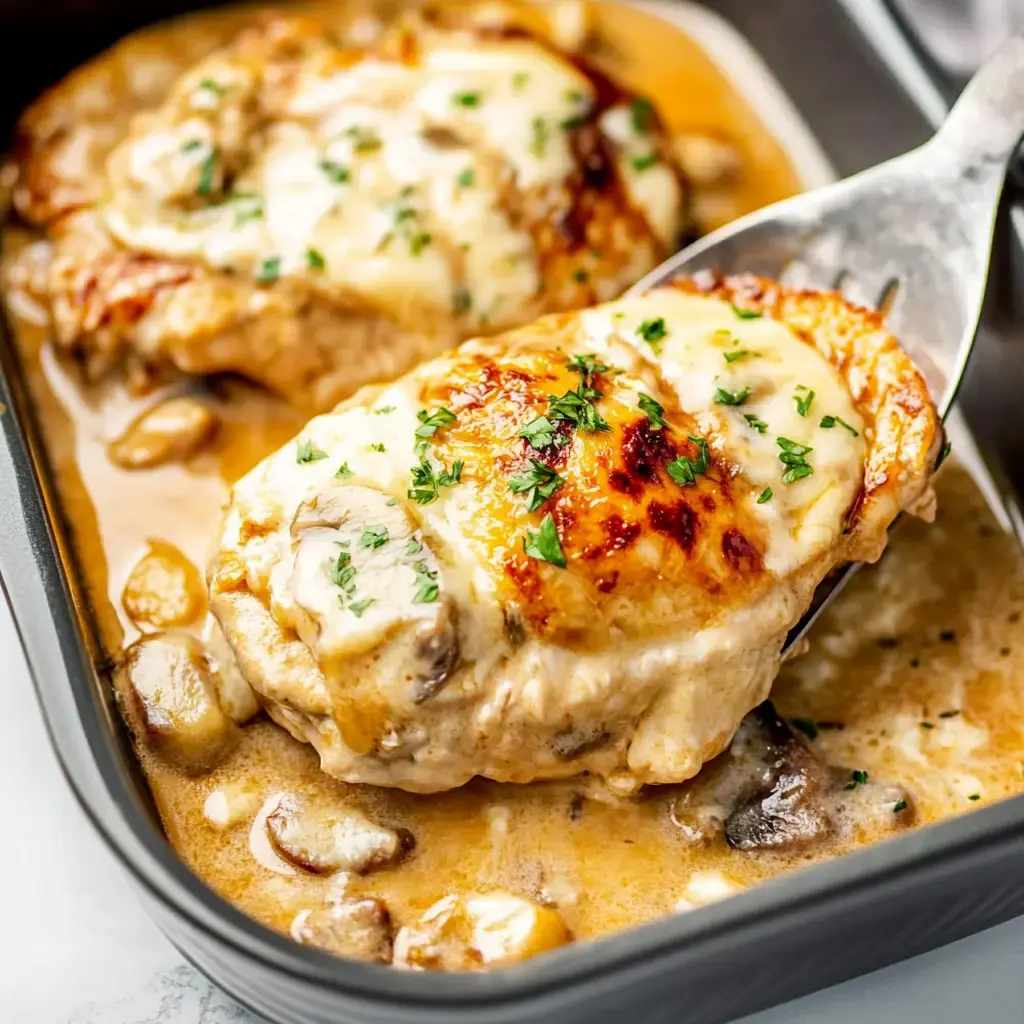 Una pechuga de pollo dorada cubierta con queso derretido y hierbas, servida sobre una salsa cremosa de champiñones en una fuente para hornear.
