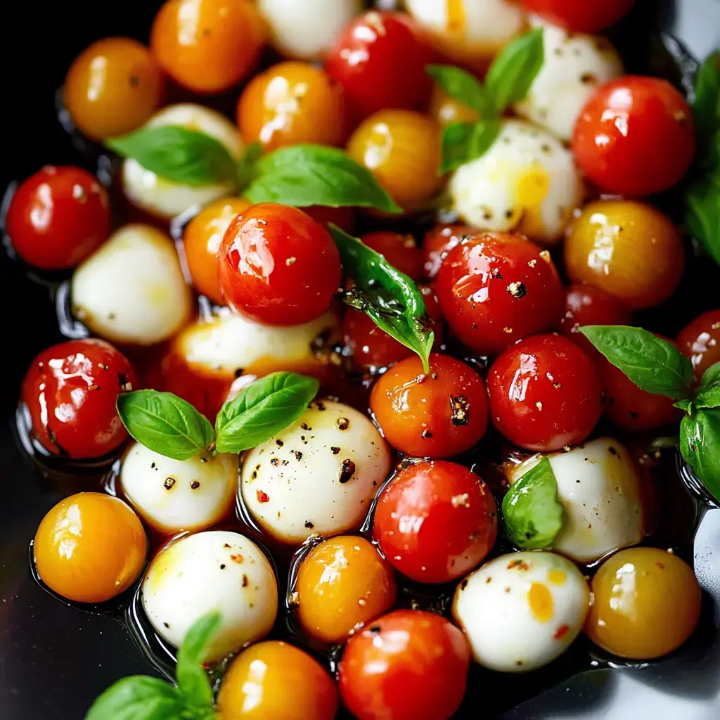 Un bol lleno de coloridos tomates cherry y bolitas de mozzarella, decorado con hojas de albahaca fresca y un chorrito de aceite de oliva.