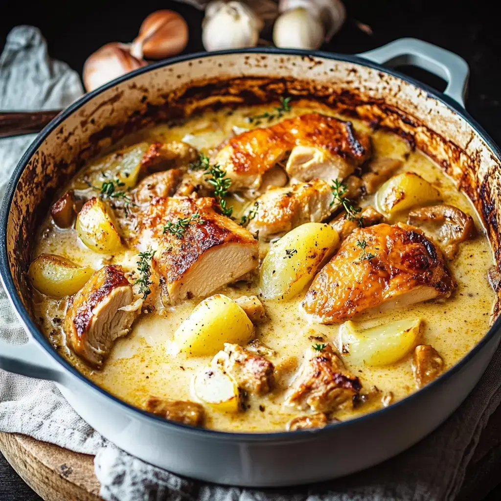 Un plato cálido con trozos de pollo asado y patatas en una salsa cremosa, decorado con tomillo, servido en una olla.