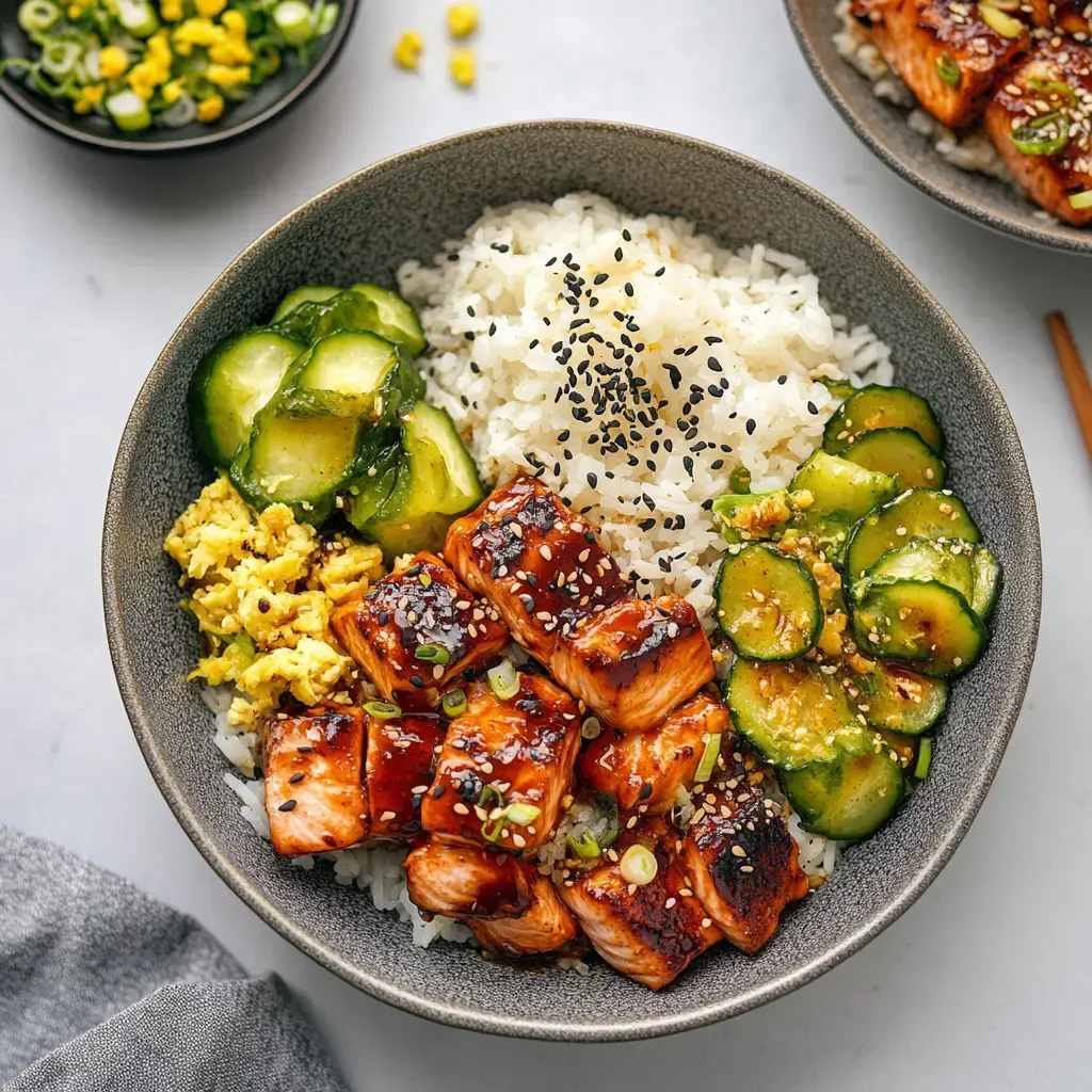 Un bowl gris con arroz blanco, salmón glaseado, pepinos salteados, huevos revueltos, adornado con semillas de sésamo y cebollas de verdeo.