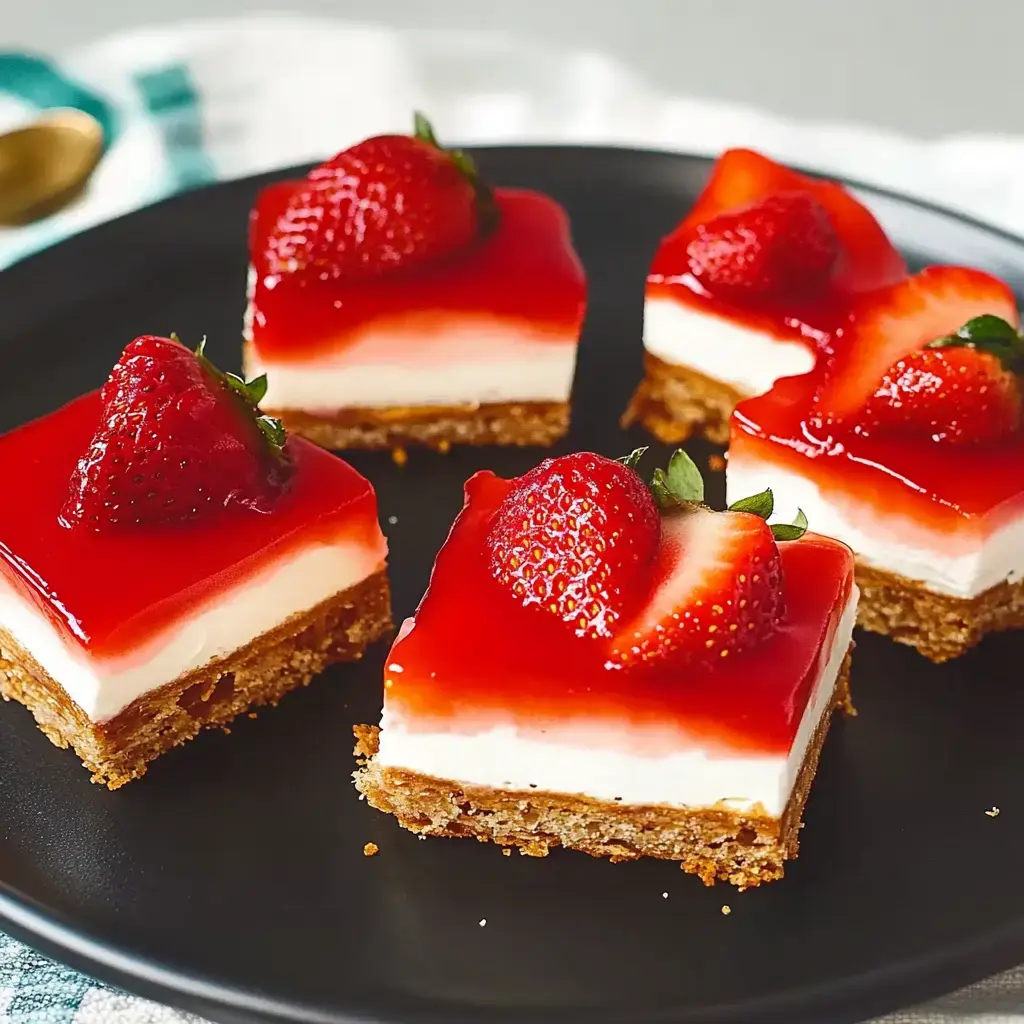 Un plato negro sostiene cuatro barras cuadradas de tarta de queso con fresas, coronadas con una capa brillante de gelatina roja y trozos de fresa fresca.