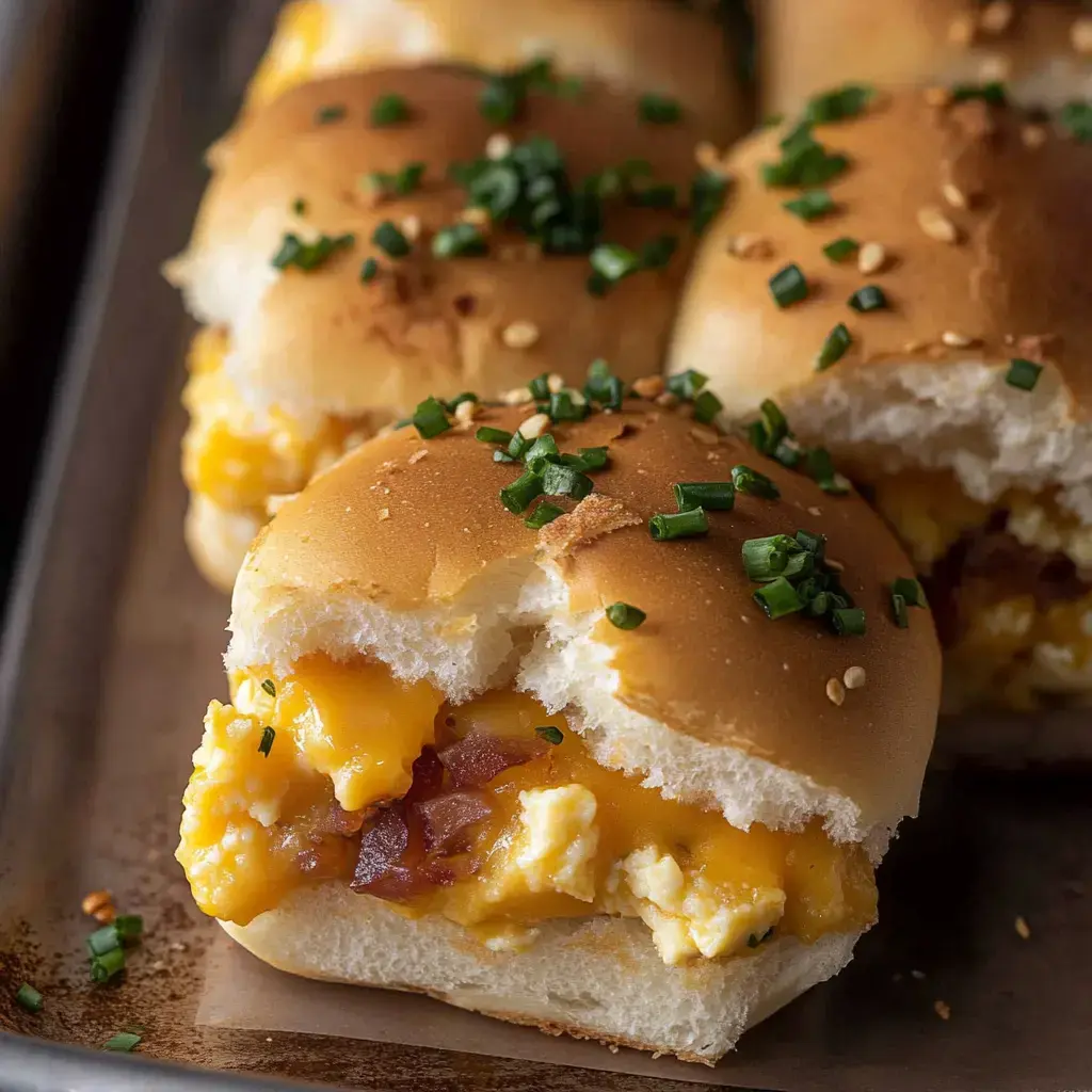 Un slider sabroso con queso derretido, huevos revueltos y trozos de tocino, decorado con cebollín picado.