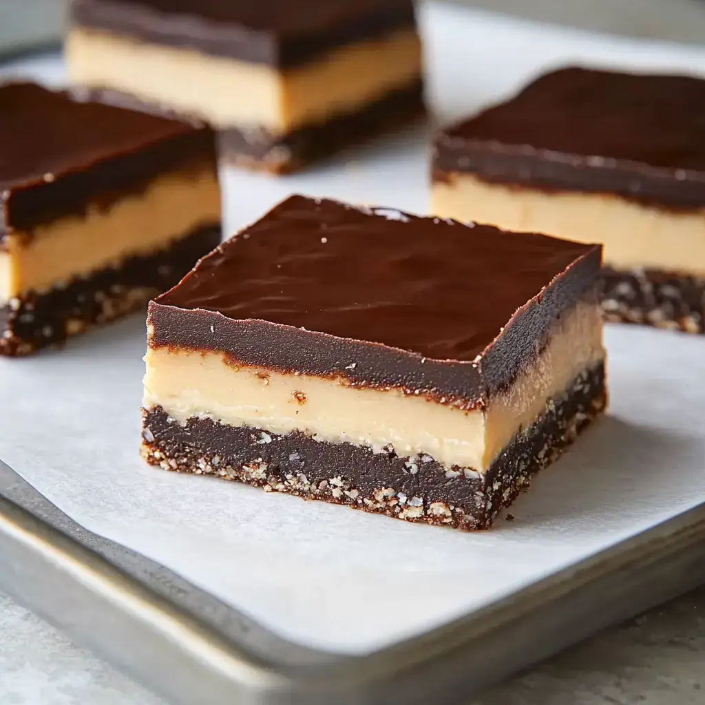 Primer plano de barras con capas de chocolate y caramelo sobre papel de horno, con una parte superior de chocolate oscuro, un medio cremoso de caramelo y una base desmenuzable de chocolate.
