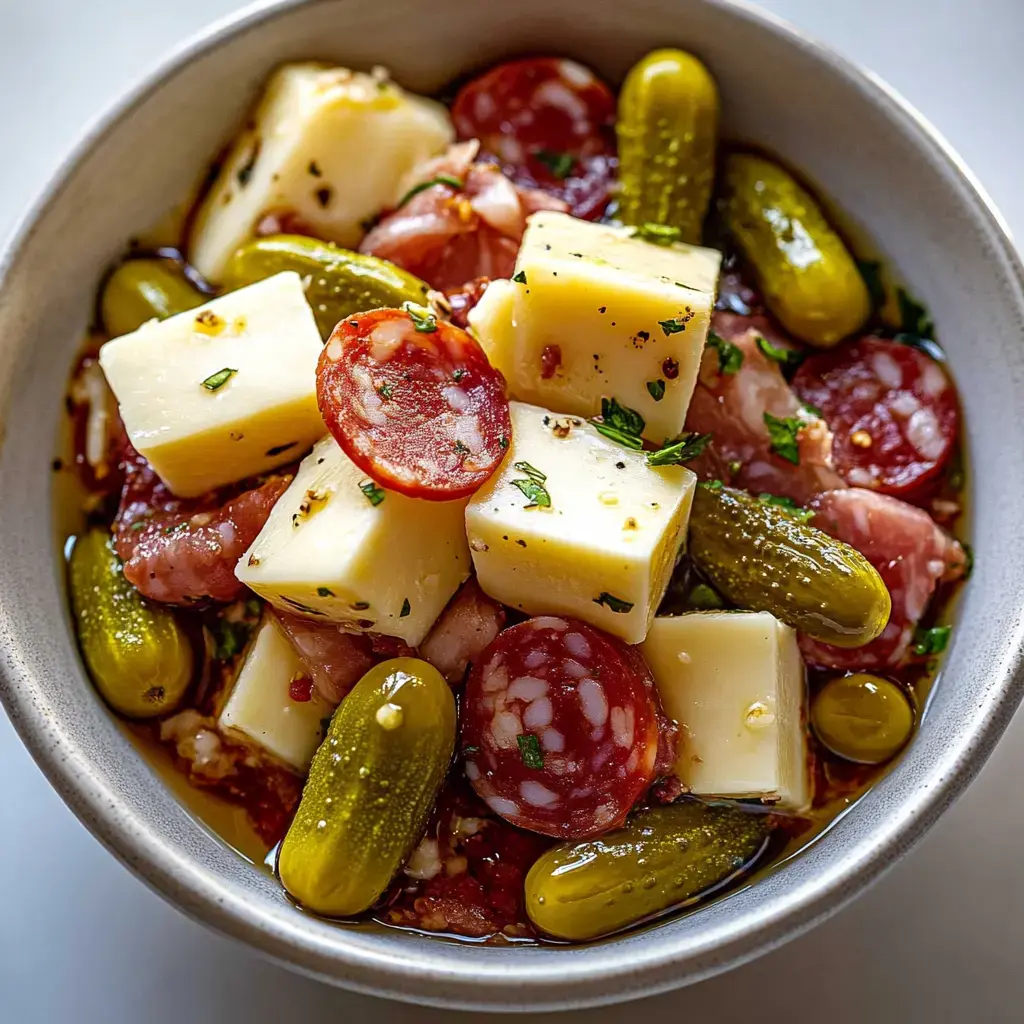 Un recipiente con ingredientes variados como cubos de queso, rodajas de chorizo, pepinillos y hierbas en un aderezo sabroso.