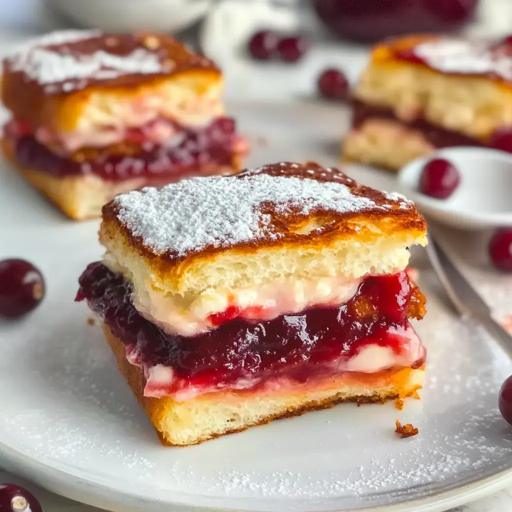 Un primer plano de un bocado con capas de crema, relleno de fruta y azúcar glas en un plato blanco, con más rebanadas y arándanos en el fondo.