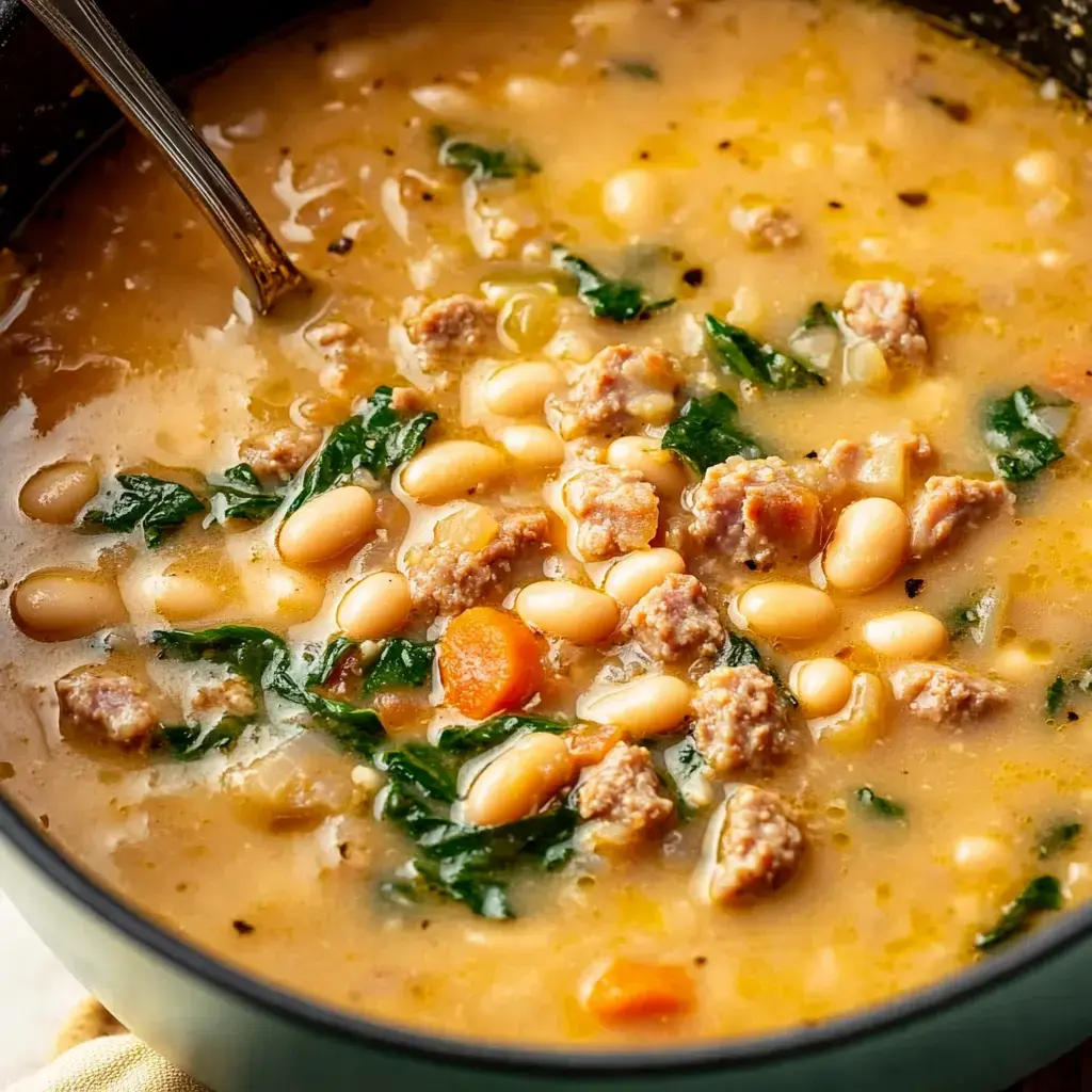 Vista cercana de una sopa de frijoles con carne, espinacas y trozos de zanahoria.