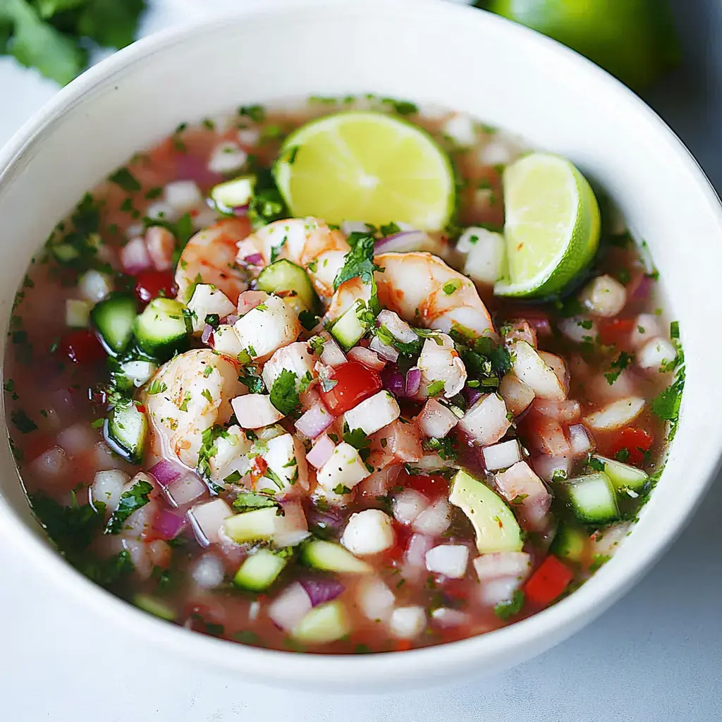Un tazón de ceviche de camarón adornado con cilantro y rodajas de lima, acompañado de una mezcla colorida de verduras.