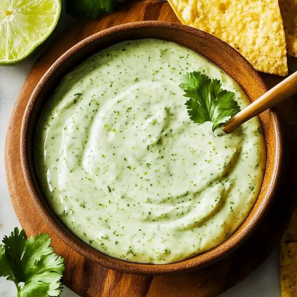 Un cuenco de madera con una salsa cremosa verde, decorada con una ramita de cilantro, rodeado de totopos y medio limón.
